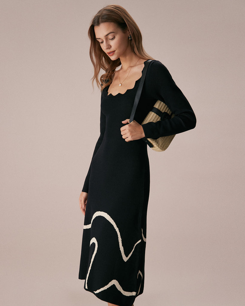 The Black Wave Scalloped Sweater Dress Dresses - RIHOAS