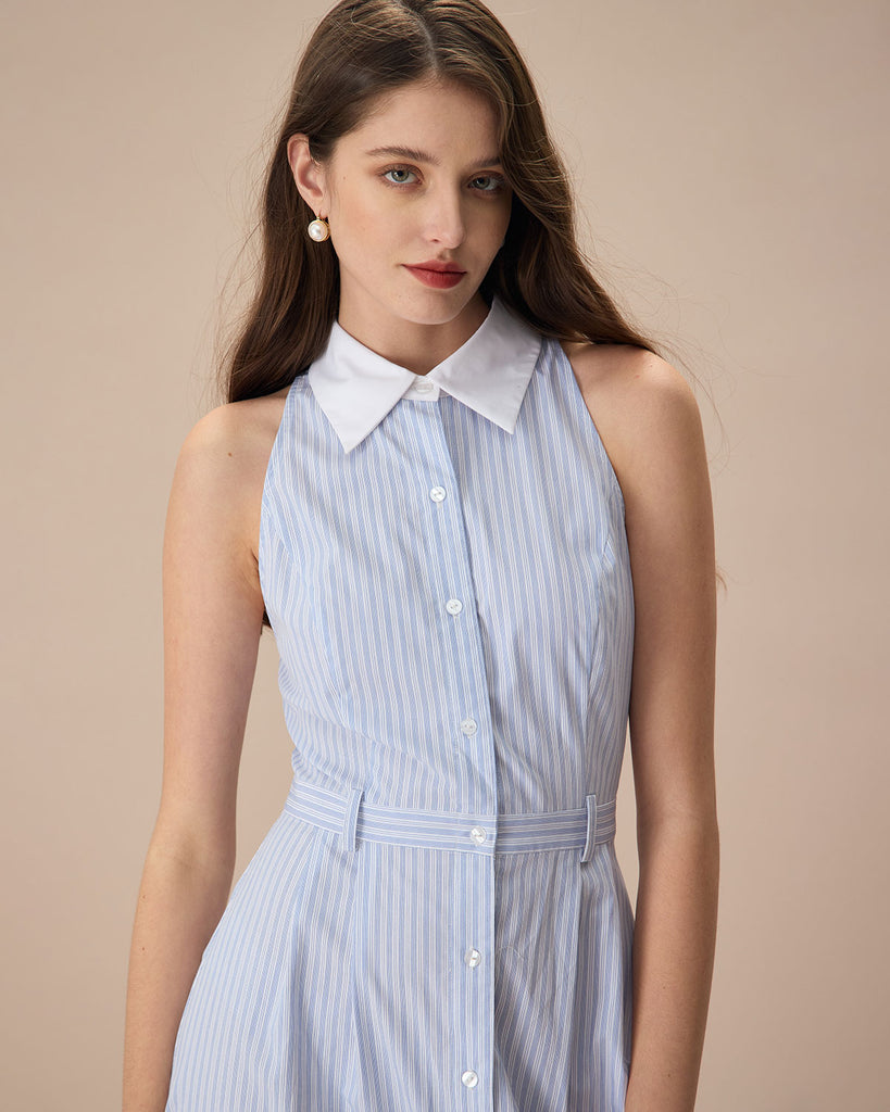 The Blue Lapel Striped Midi Dress Dresses - RIHOAS