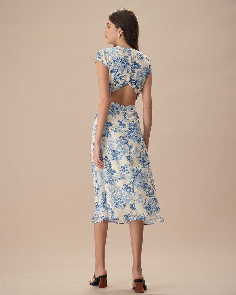 The Blue Round Neck Cap Sleeve Floral Midi Dress Dresses - RIHOAS