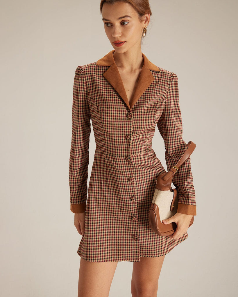 The Brown Plaid Spliced Suede Mini Dress Dresses - RIHOAS