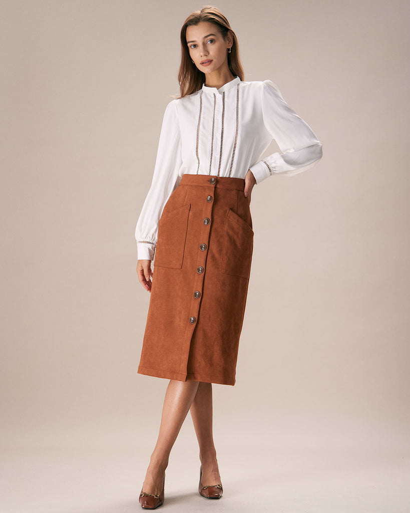 The Brown Single-breasted Suede Midi Skirt Bottoms - RIHOAS