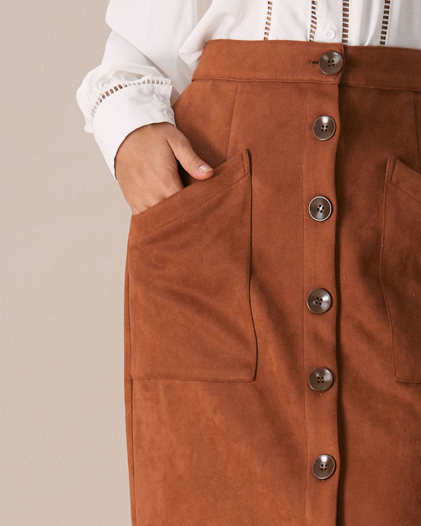 The Brown Single-breasted Suede Midi Skirt Bottoms - RIHOAS