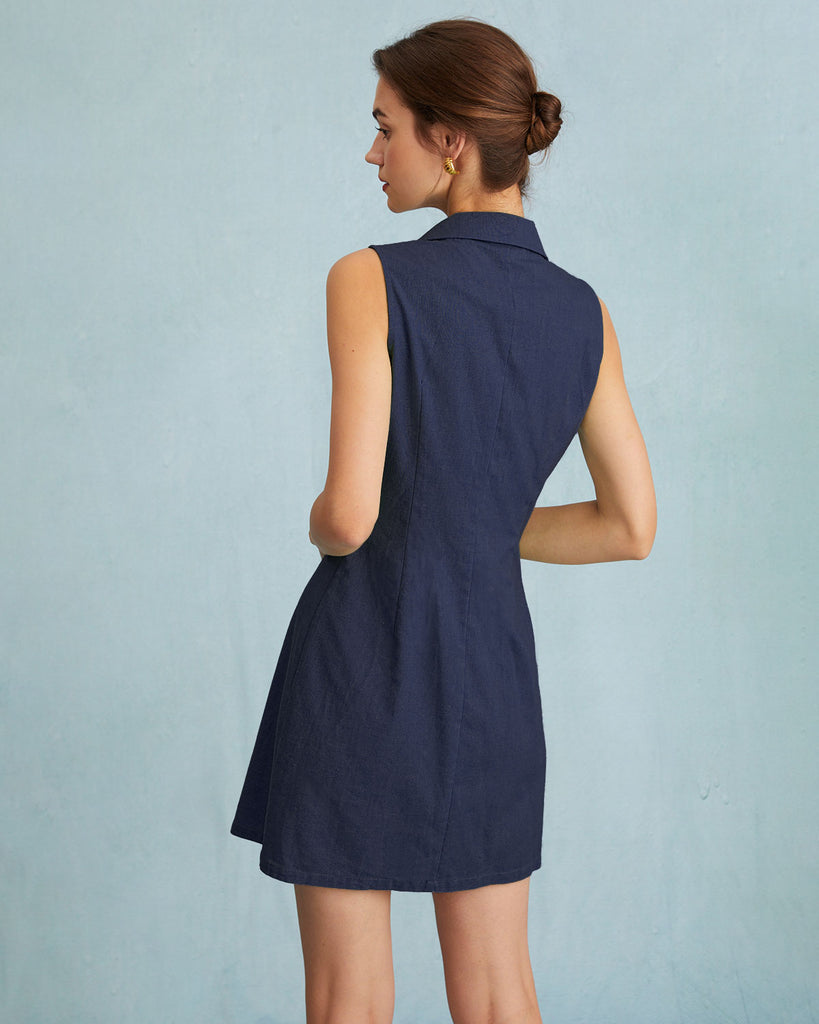 The Navy Lapel Button-up Sleeveless Mini Dress