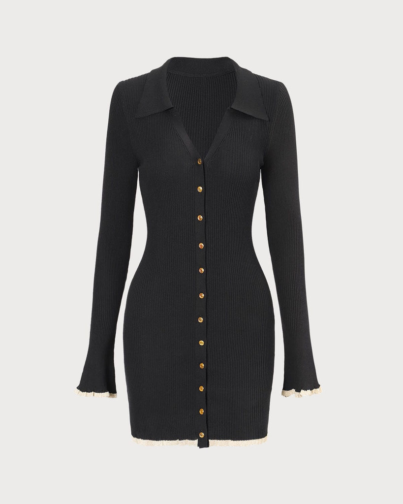 The Collared Contrast Trim Knit Dress Black Dresses - RIHOAS