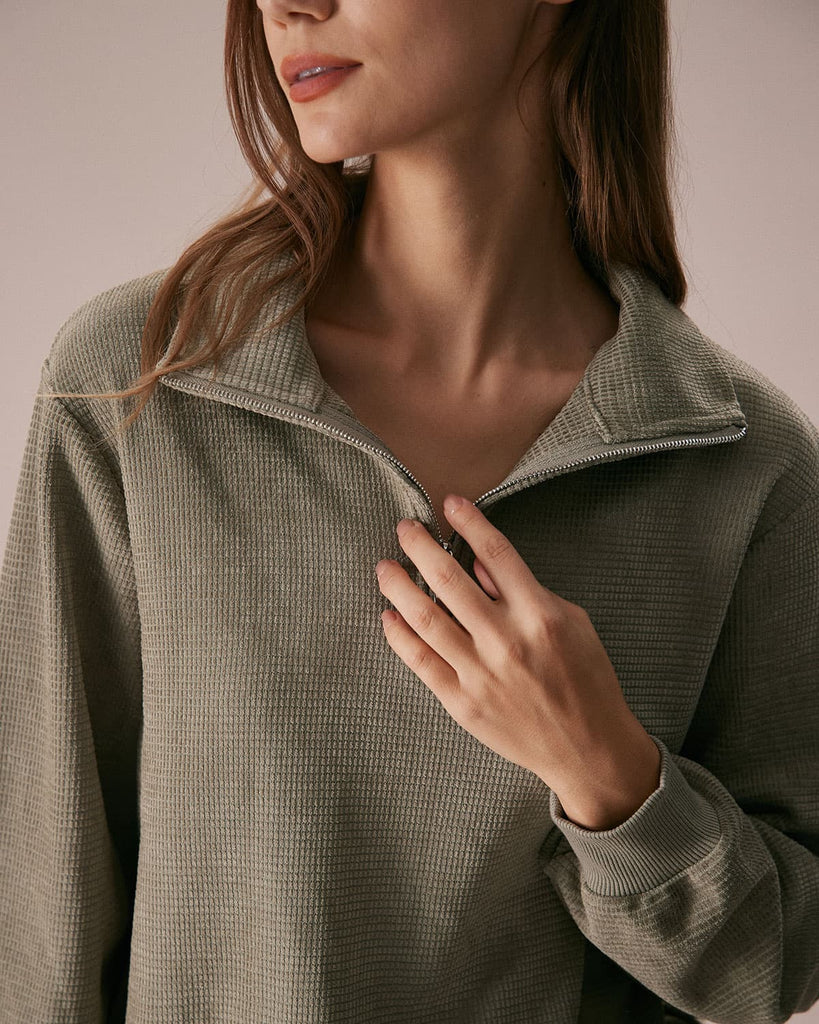 The Green Half Zip Drop Shoulder Sweatshirt Tops - RIHOAS