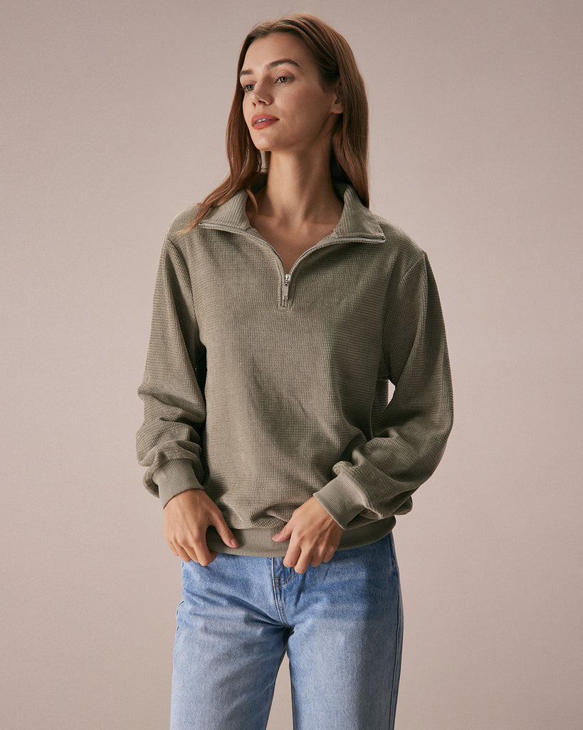 The Green Half Zip Drop Shoulder Sweatshirt Tops - RIHOAS