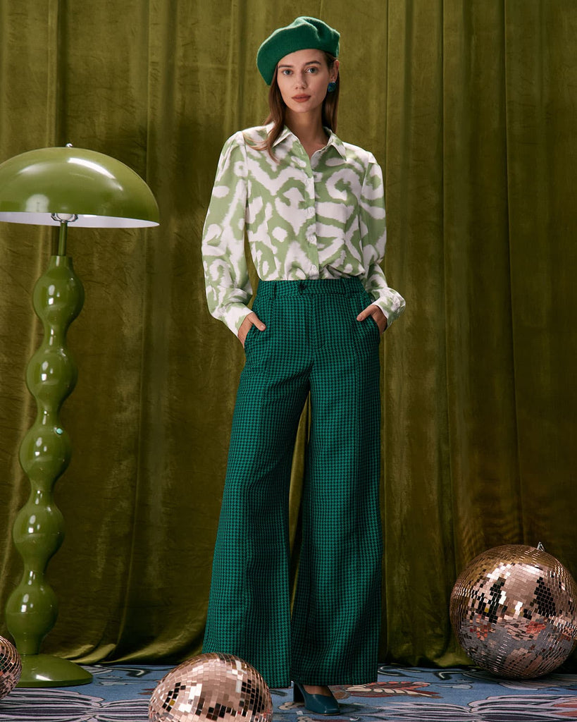 The Green Houndstooth Wide Leg Pants Bottoms - RIHOAS