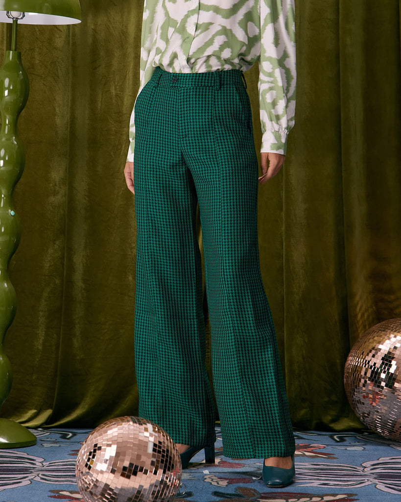 The Green Houndstooth Wide Leg Pants Green Bottoms - RIHOAS