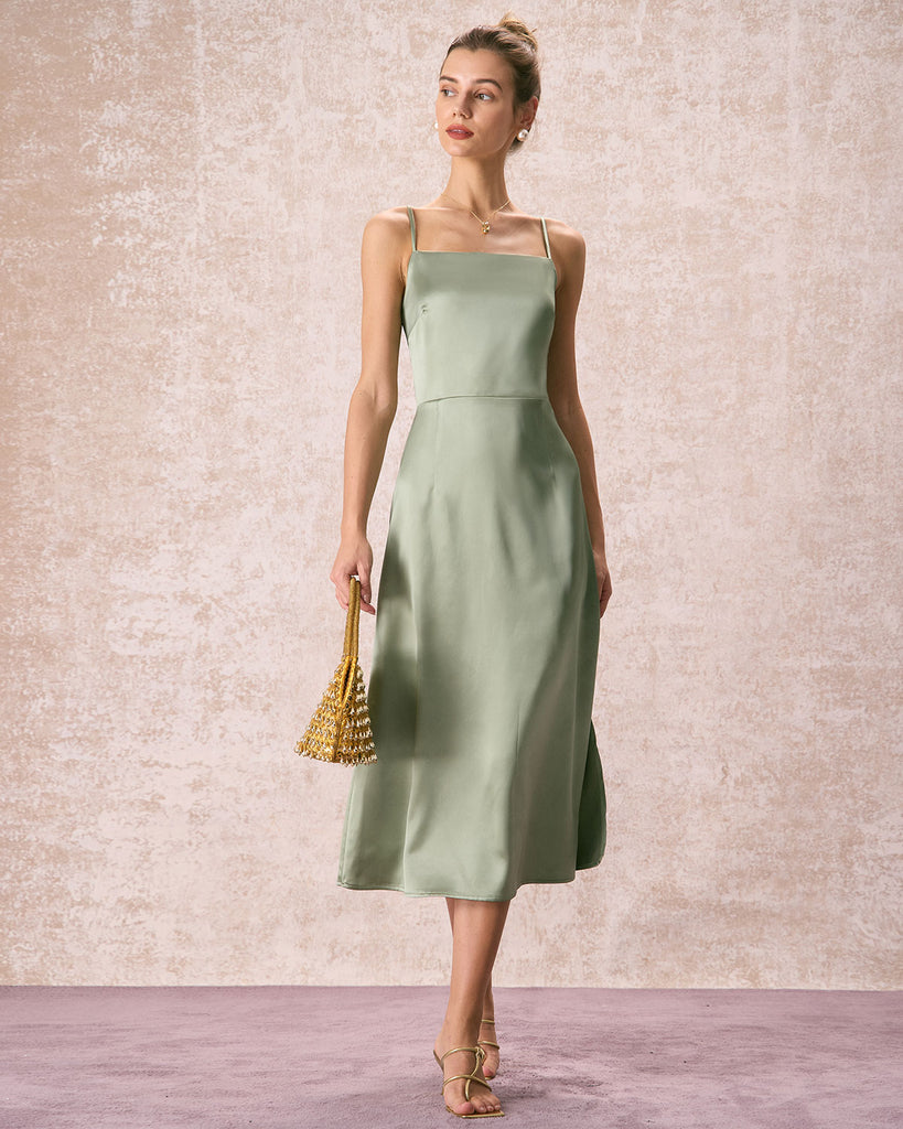 The Green Solid Satin Midi Dress Green Dresses - RIHOAS