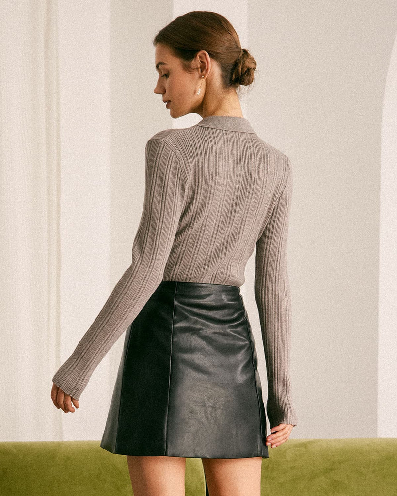 The Grey Collared Solid Knit Top Tops - RIHOAS