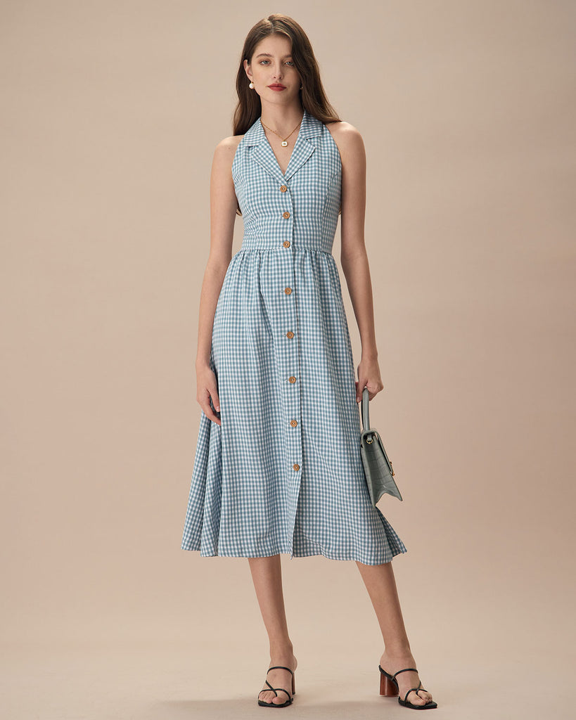 The Lapel Plaid Sleeveless Shirt Midi Dress Dresses - RIHOAS