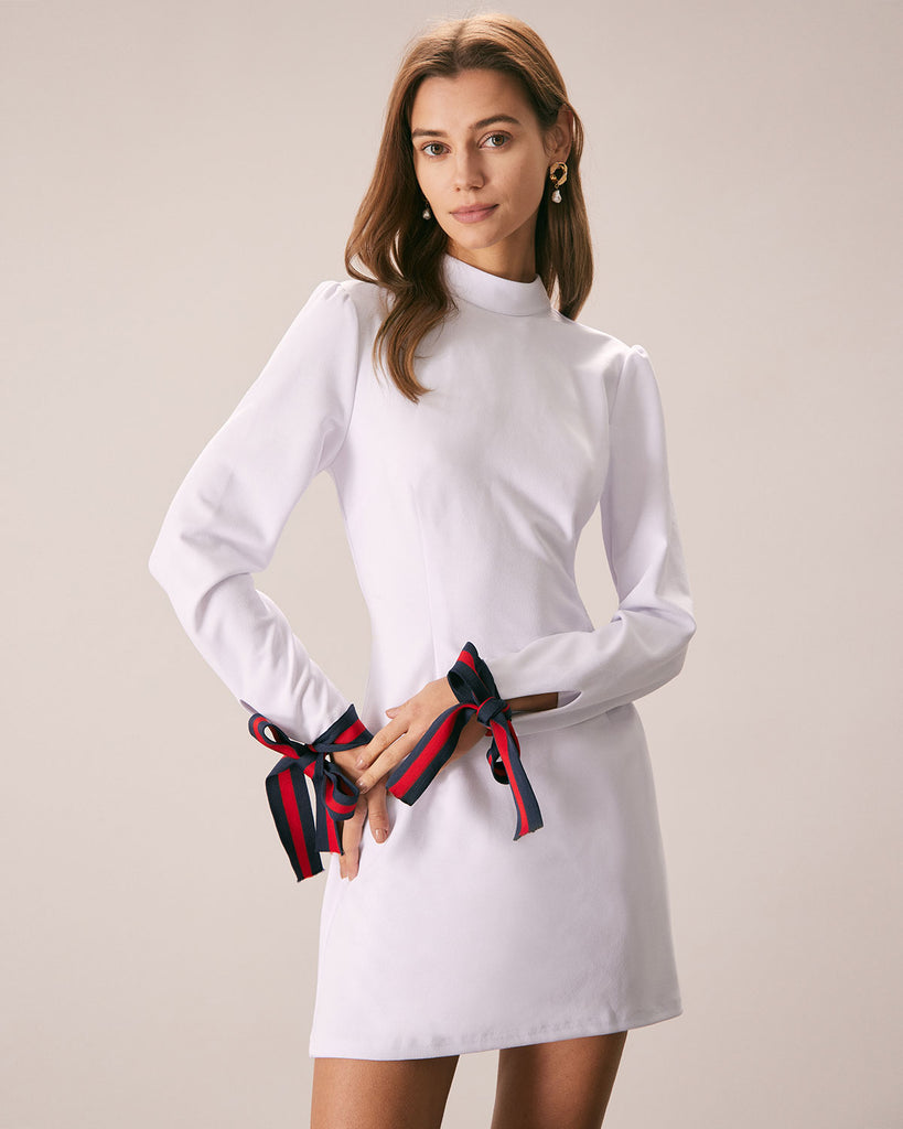 The Mock Neck Bowknot Cuff Dress White Dresses - RIHOAS