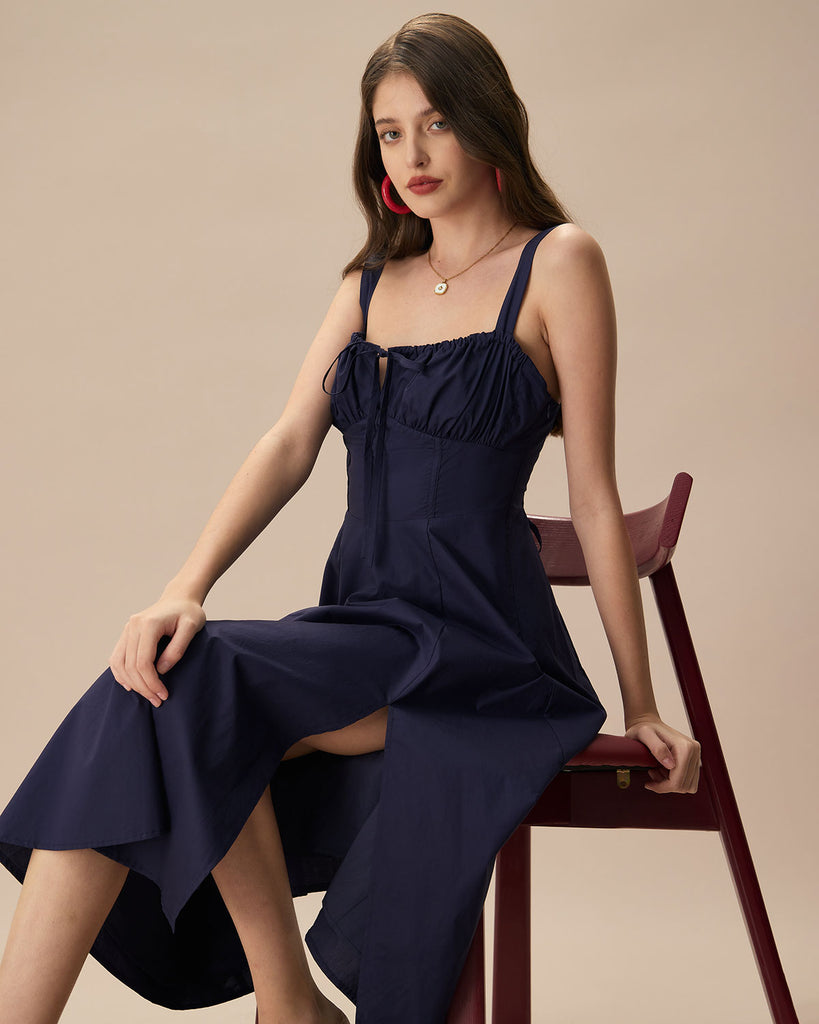 The Navy Square Neck Ruched Solid Midi Dress Dresses - RIHOAS