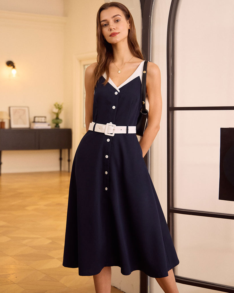 The Navy V Neck Colorblock Midi Dress Dresses - RIHOAS