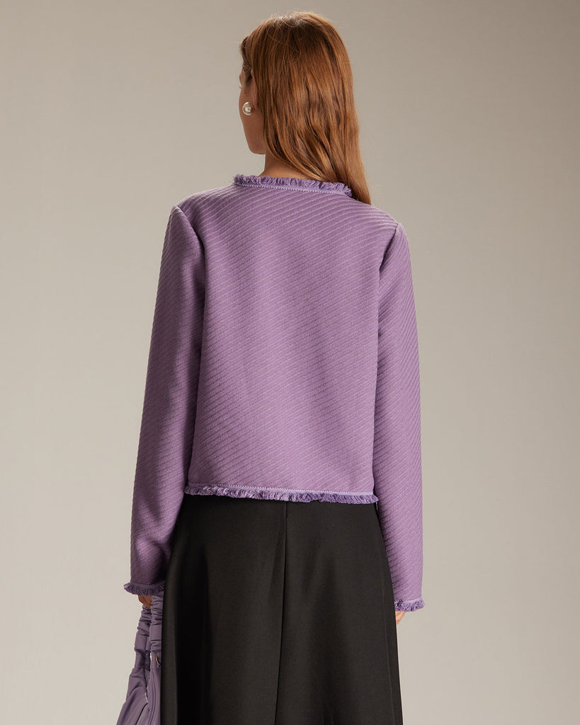 The Purple Crew-neck Fuzzy Trim Jacket Outerwear - RIHOAS