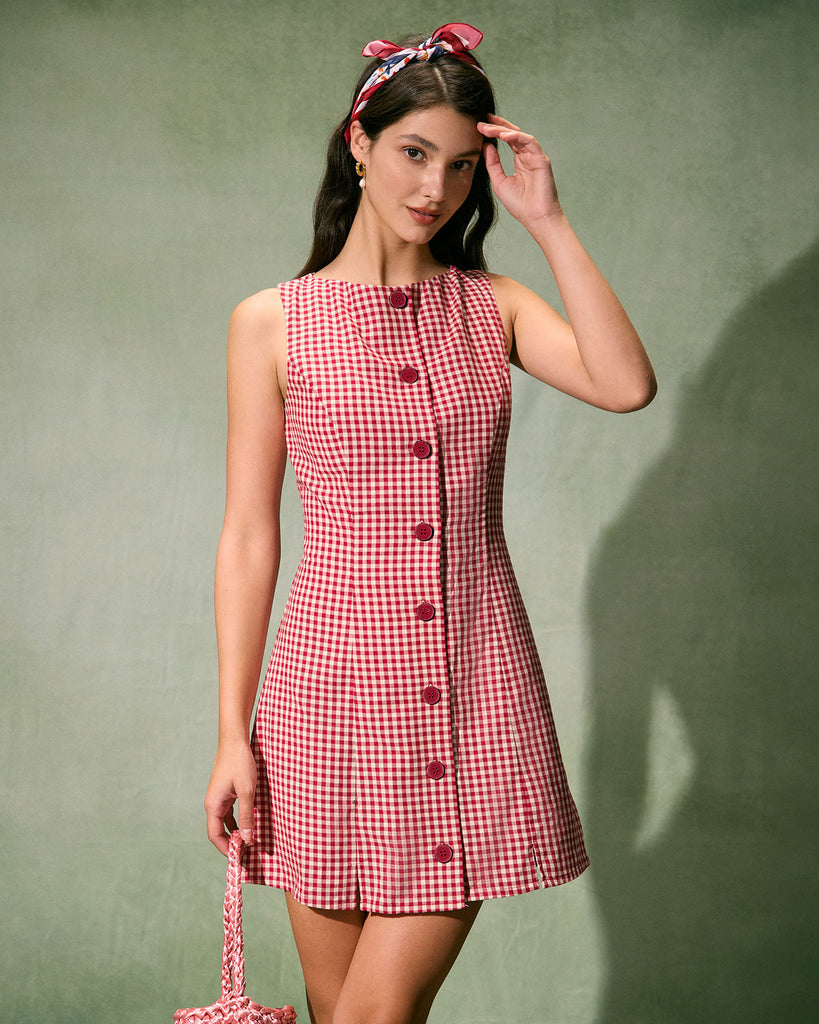 The Red Boat Neck Plaid Mini Dress Red Dresses - RIHOAS