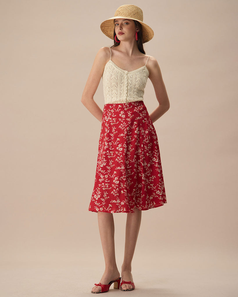 The Red High Waisted Floral Skirt Bottoms - RIHOAS