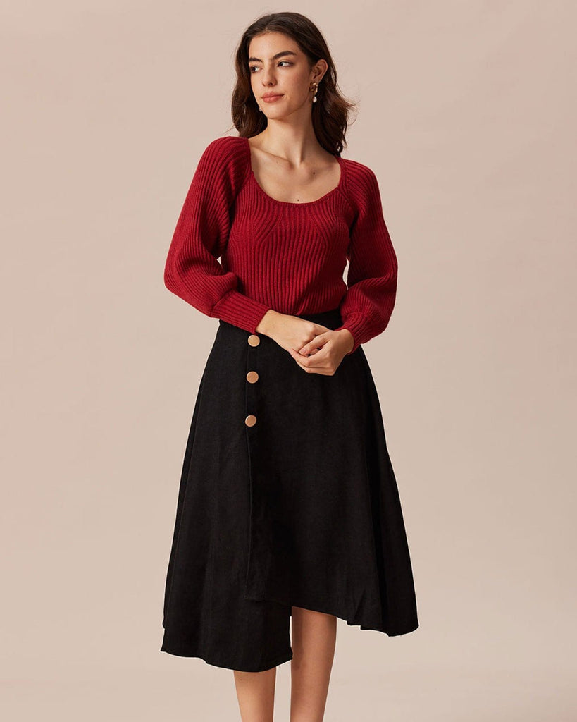 The Red Scoop Neck Lantern Sleeve Sweater