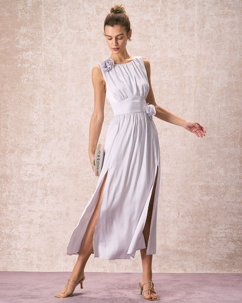 The Silver Boat Neck Satin Maxi Dress Dresses - RIHOAS