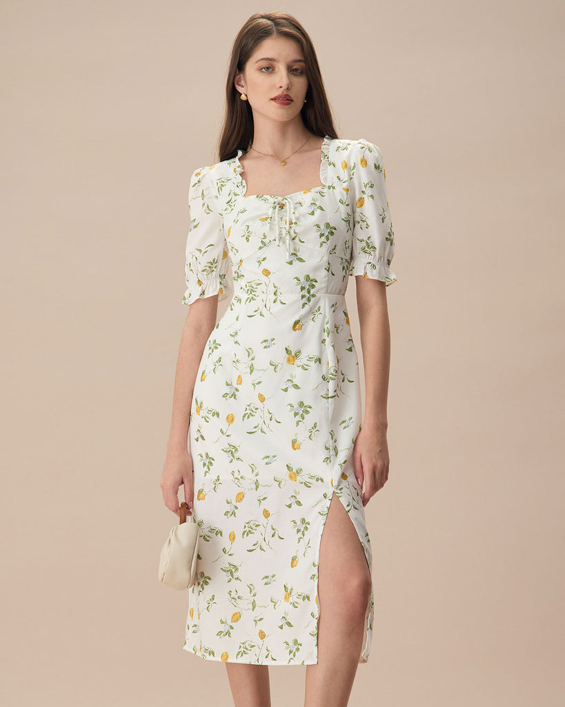 The Square Neck Frill Trim Floral Midi Dress Dresses - RIHOAS