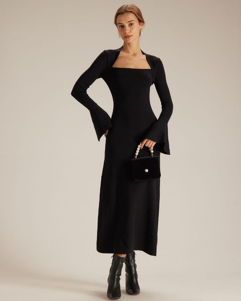 The Square Neck Long Sleeve Sweater Dress Dresses - RIHOAS