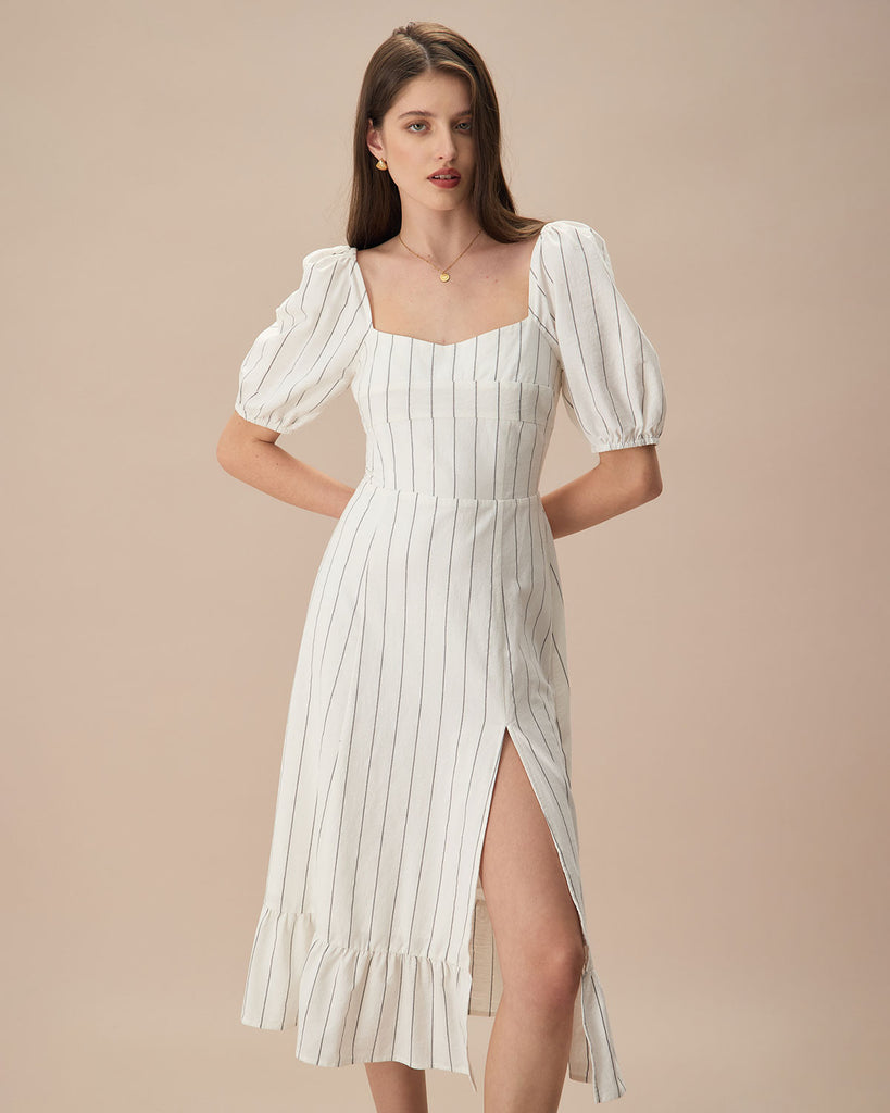 The Striped Split Hem Midi Dress Beige Dresses - RIHOAS