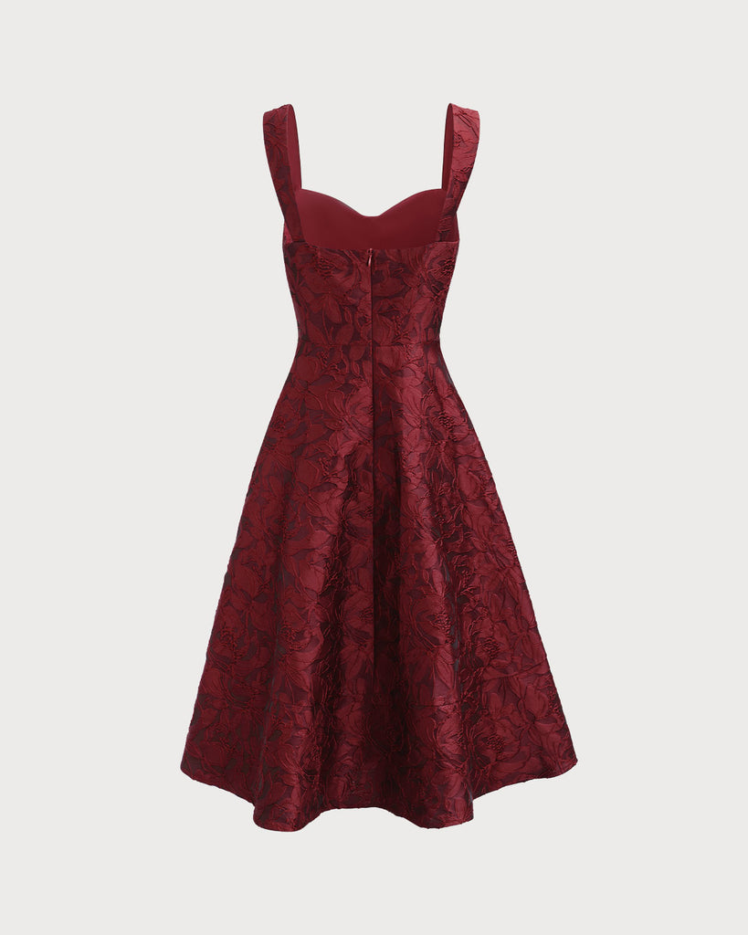 The Red Sweetheart Neck Jacquard Midi Dress