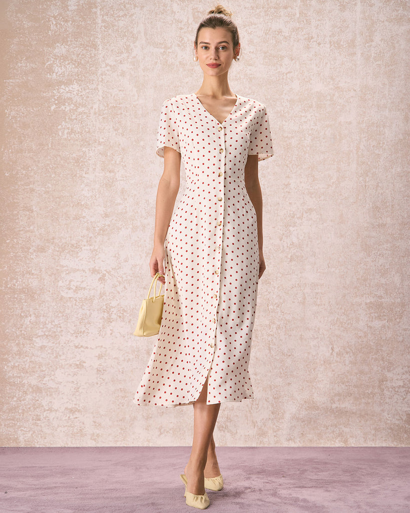 The V-Neck Polka Dot Midi Dress Beige Dresses - RIHOAS