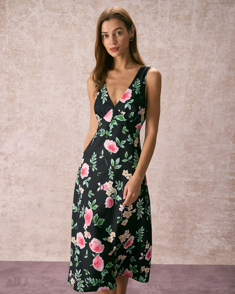 The V-Neck Tie Back Floral Dress Black Dresses - RIHOAS