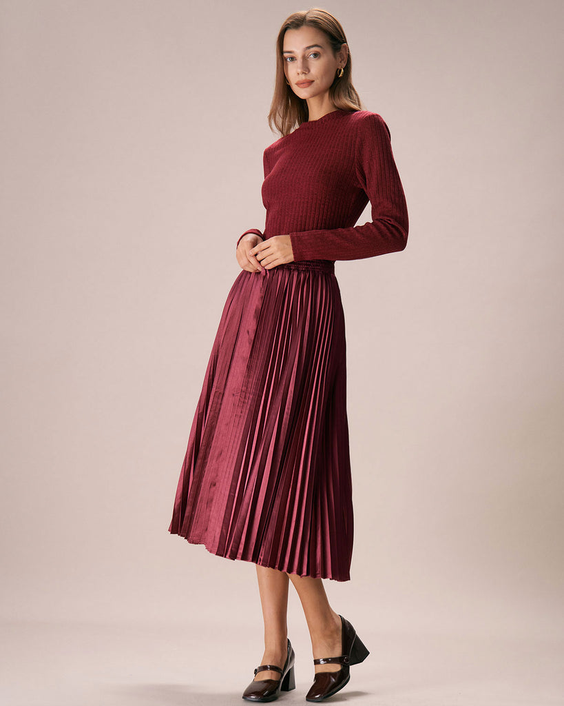 The Wine Red Pleated Midi Skirt Bottoms - RIHOAS