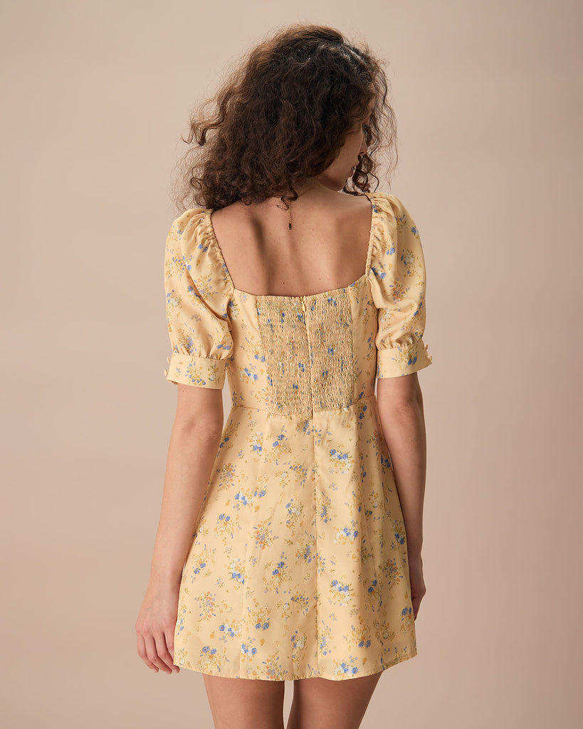 The Yellow Sweetheart Neck Floral Mini Dress Dresses - RIHOAS