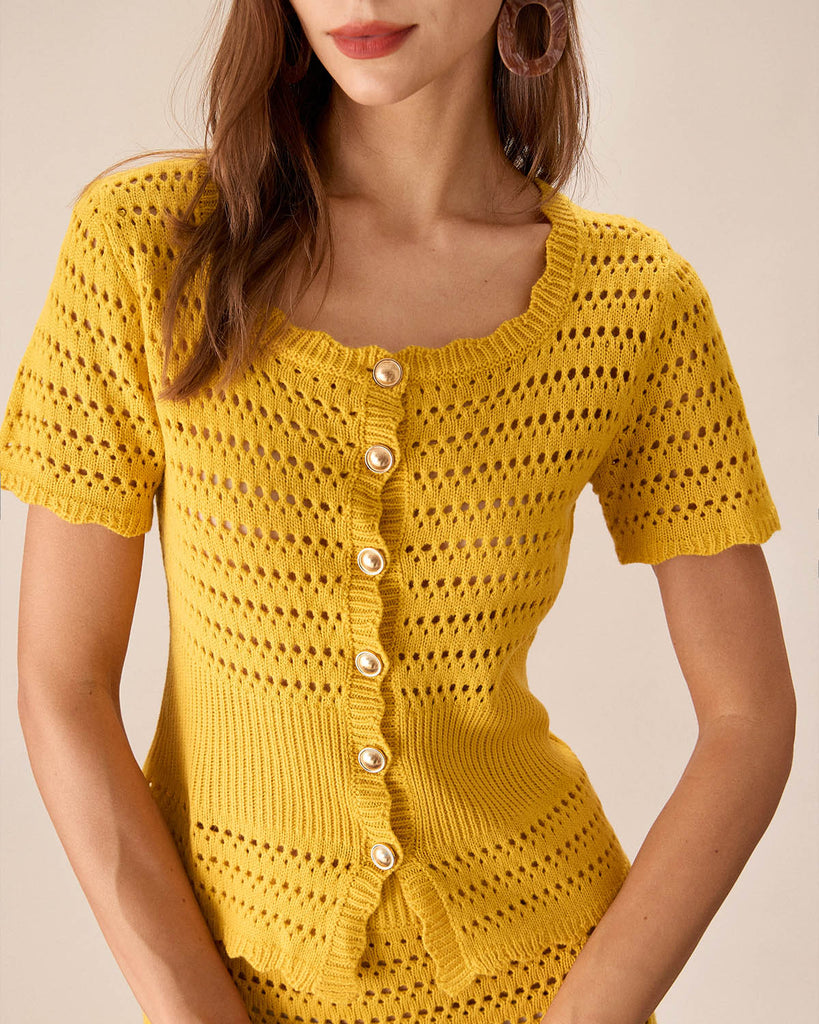 Yellow Crochet Single-Breasted Cardigan