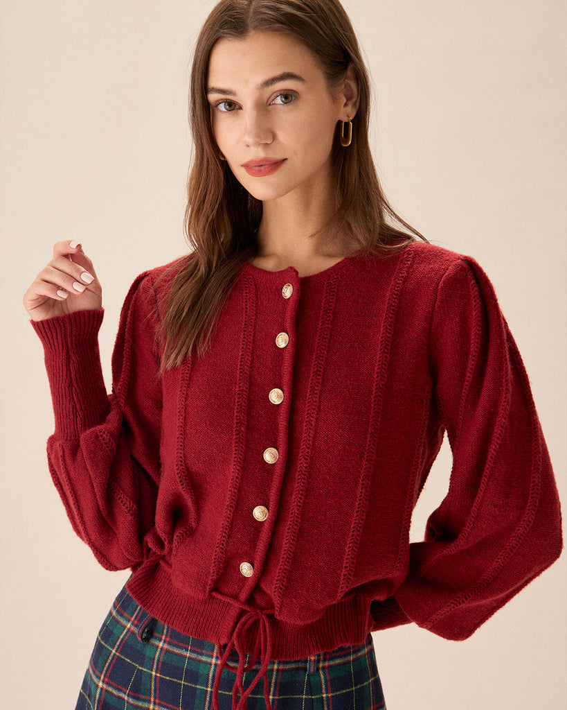 Red Lantern Sleeve Single-Breasted Cardigan