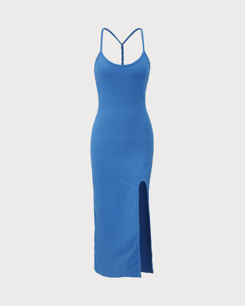 Blue Knit Backless Slit Maxi Dress