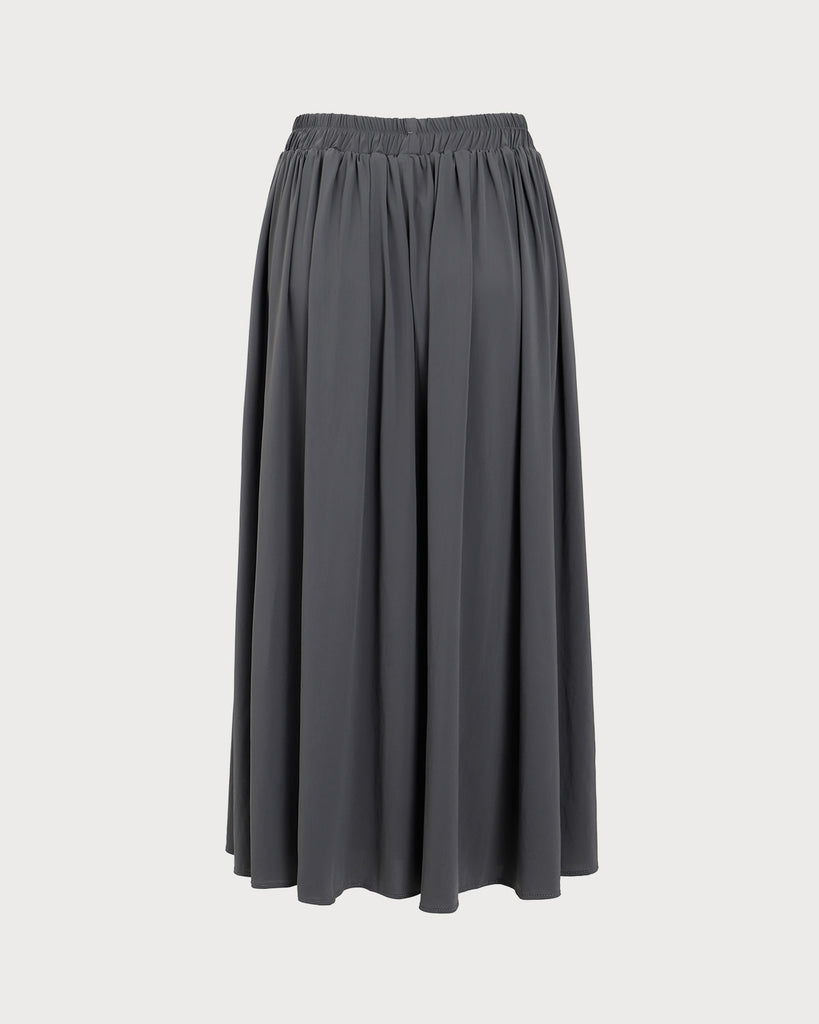 Grey Elastic Waist Flared Midi Skirt