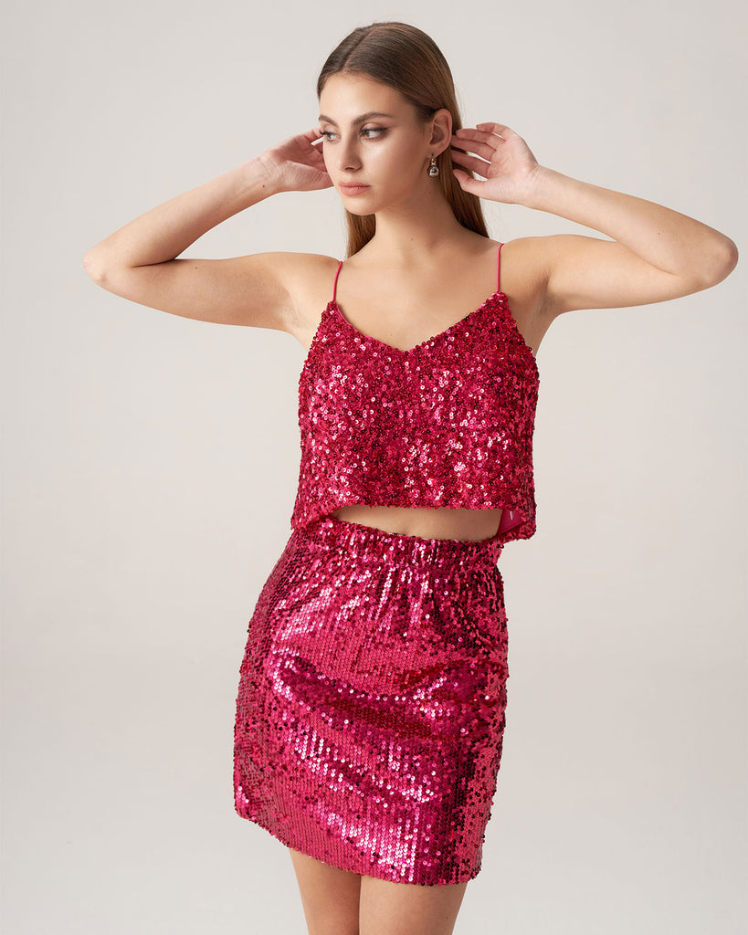 Red Sequins Straight Mini Skirt