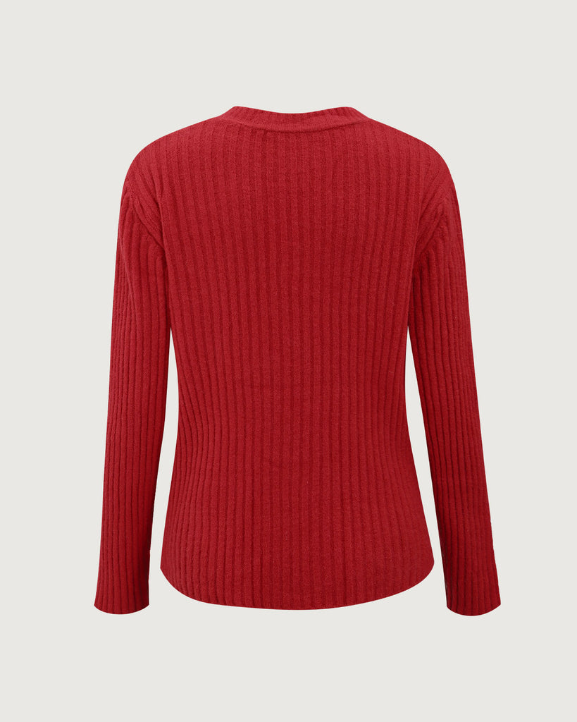 Red V-Neck Ribbed Sweater