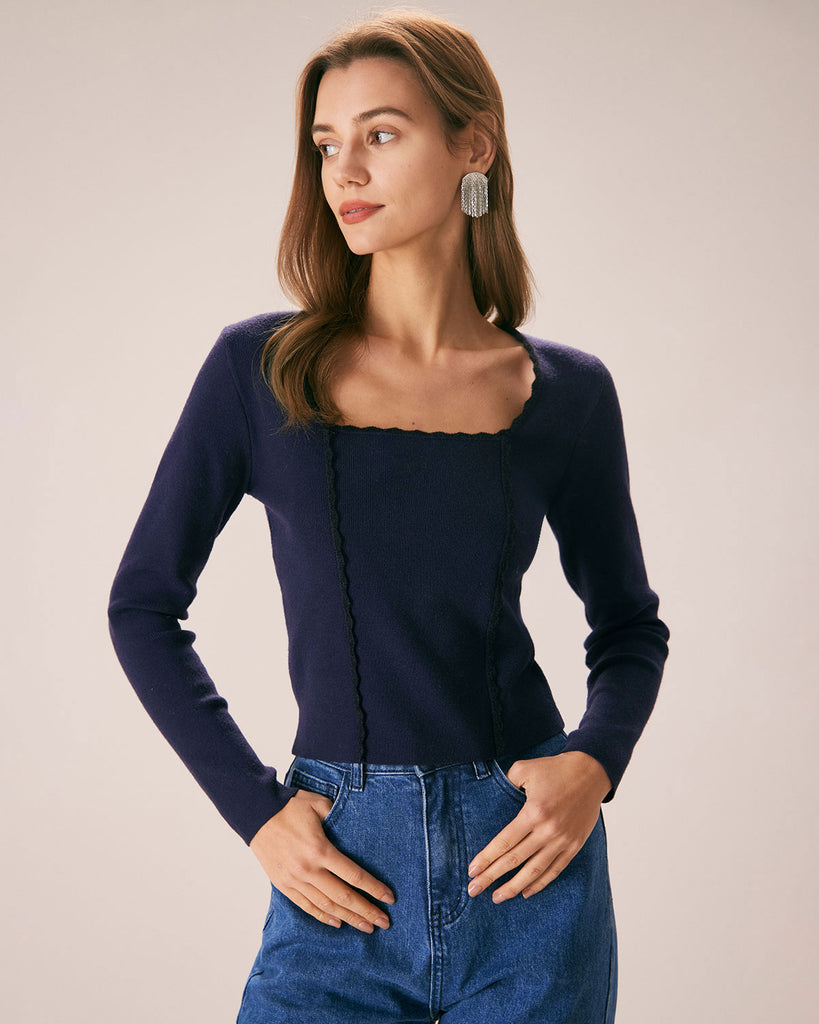 Women's Navy Square Neck Slim Knitted Sweater