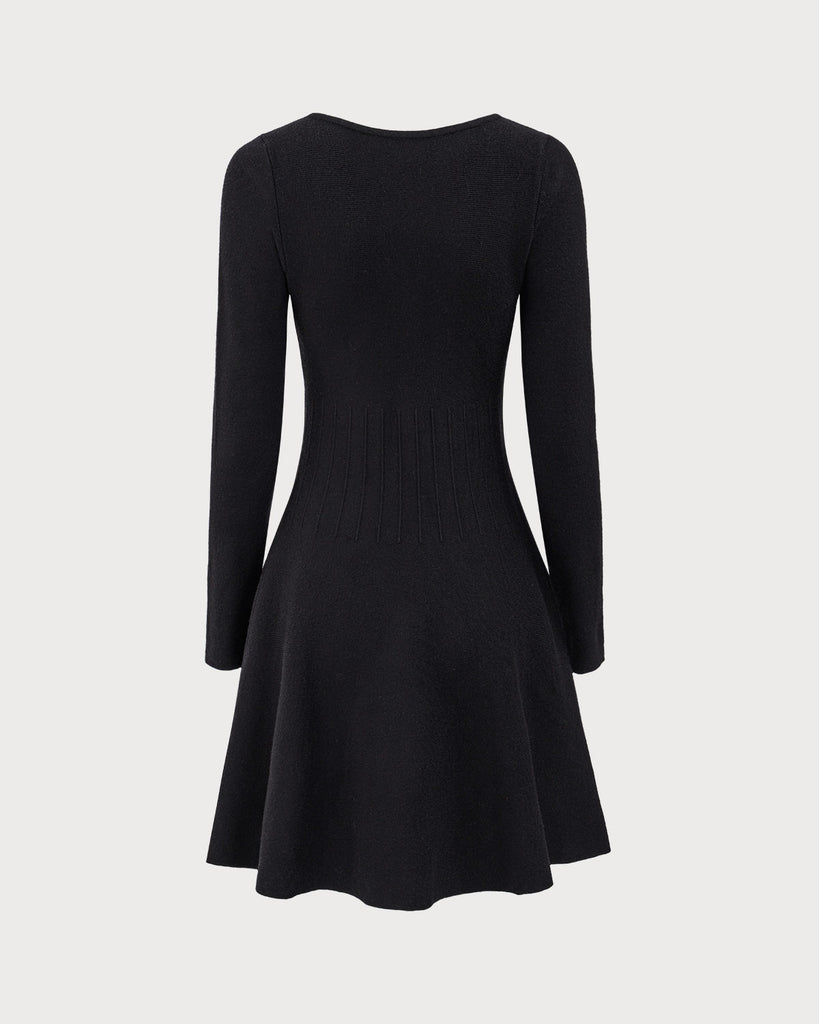 Black Square Neck Ribbed Sweater Dress