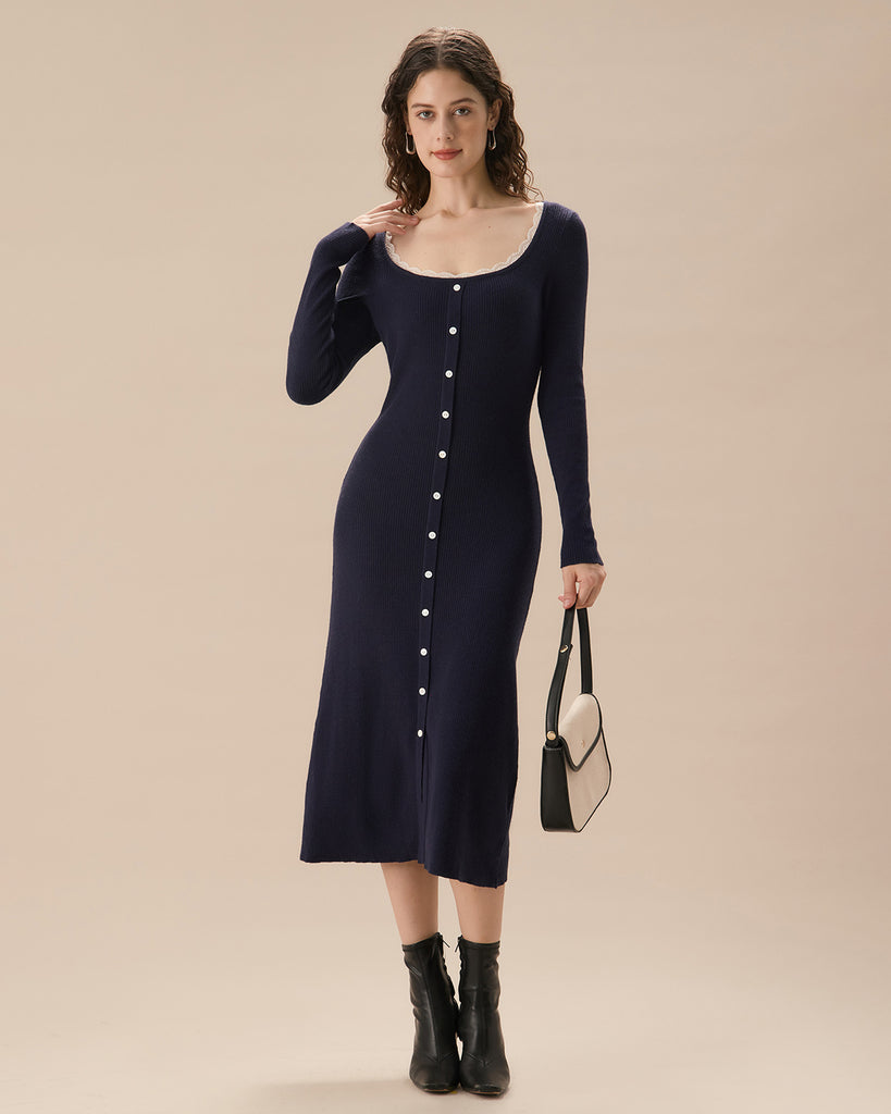 Navy Contrasting Button-Up Sweater Dress