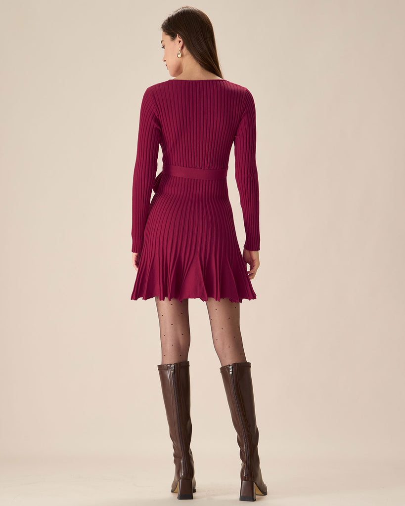 Wine Red Wrap Sweater Mini Dress