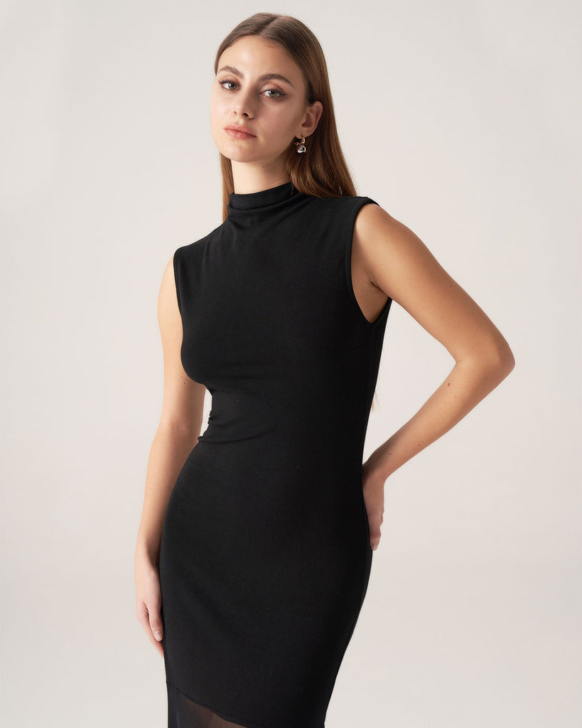 Black Mock Neck Bodycon Maxi Dress