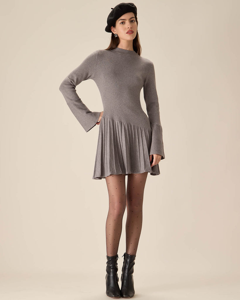 Grey Mock Neck Bell Sleeve Sweater Dress