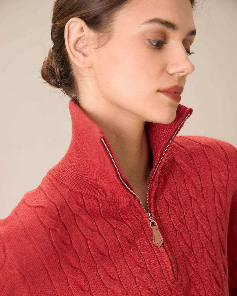 Women's Red Lapel Zipper Sweater