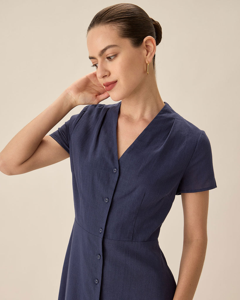 Navy Collared Button Midi Dress