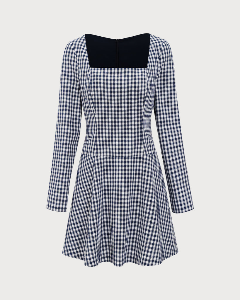 Navy Square Neck Plaid Mini Dress