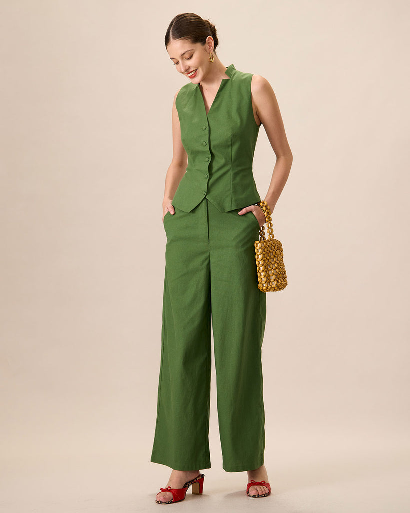 Women's Green High-Waisted Cotton Linen Wide-Leg Pants - RIHOAS