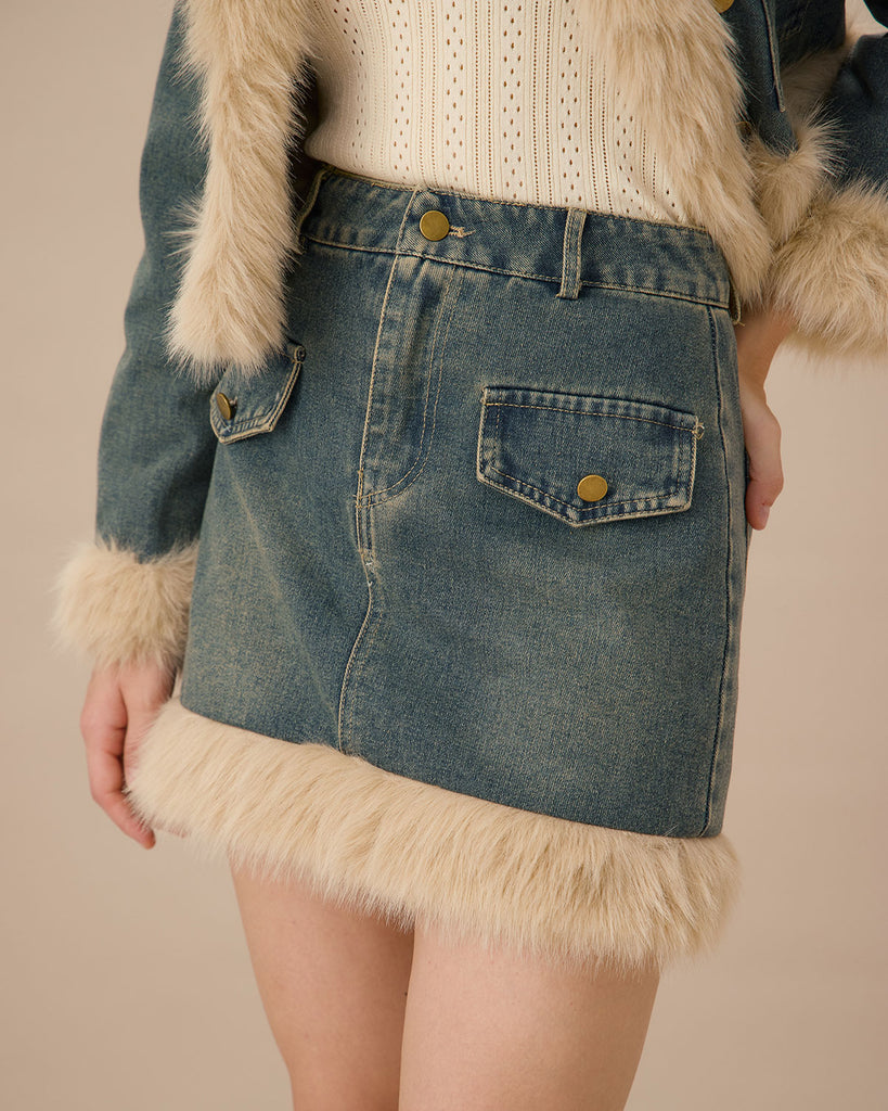 Blue Fur Trim A-Line Mini Skirt