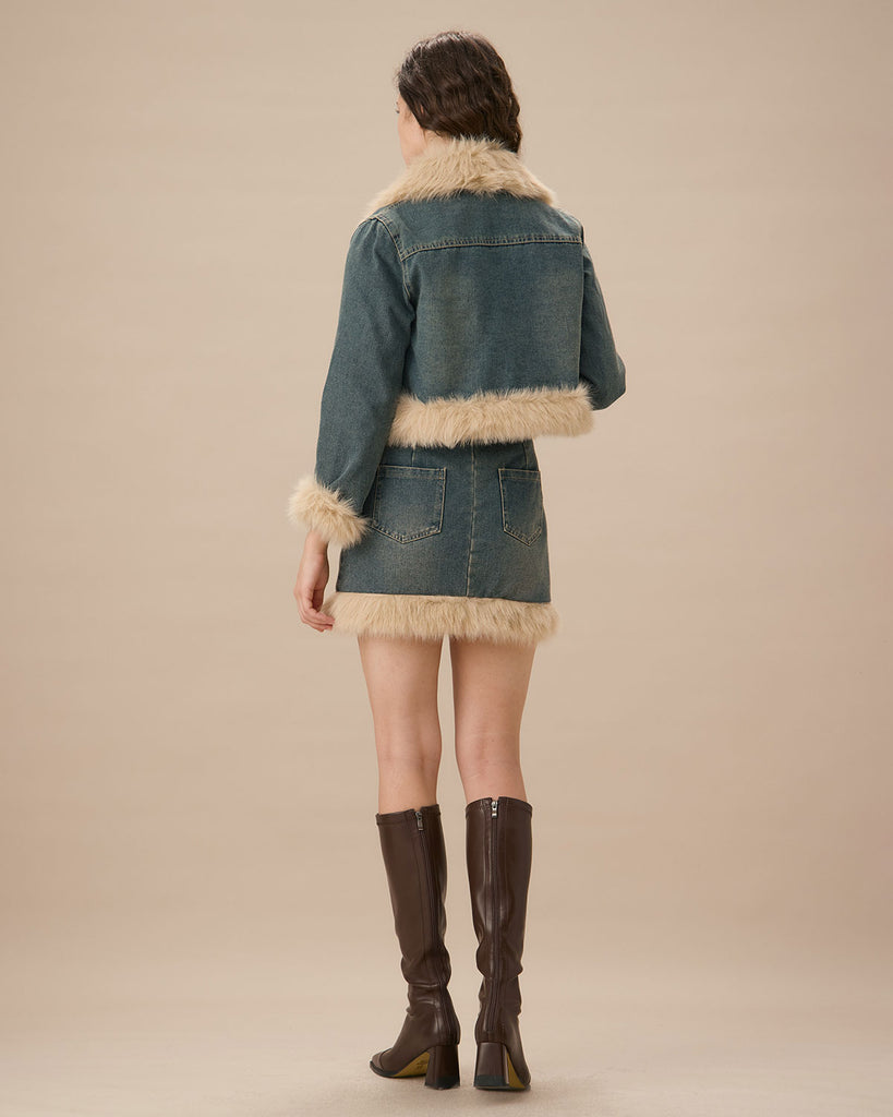 Blue Fur Trim A-Line Mini Skirt