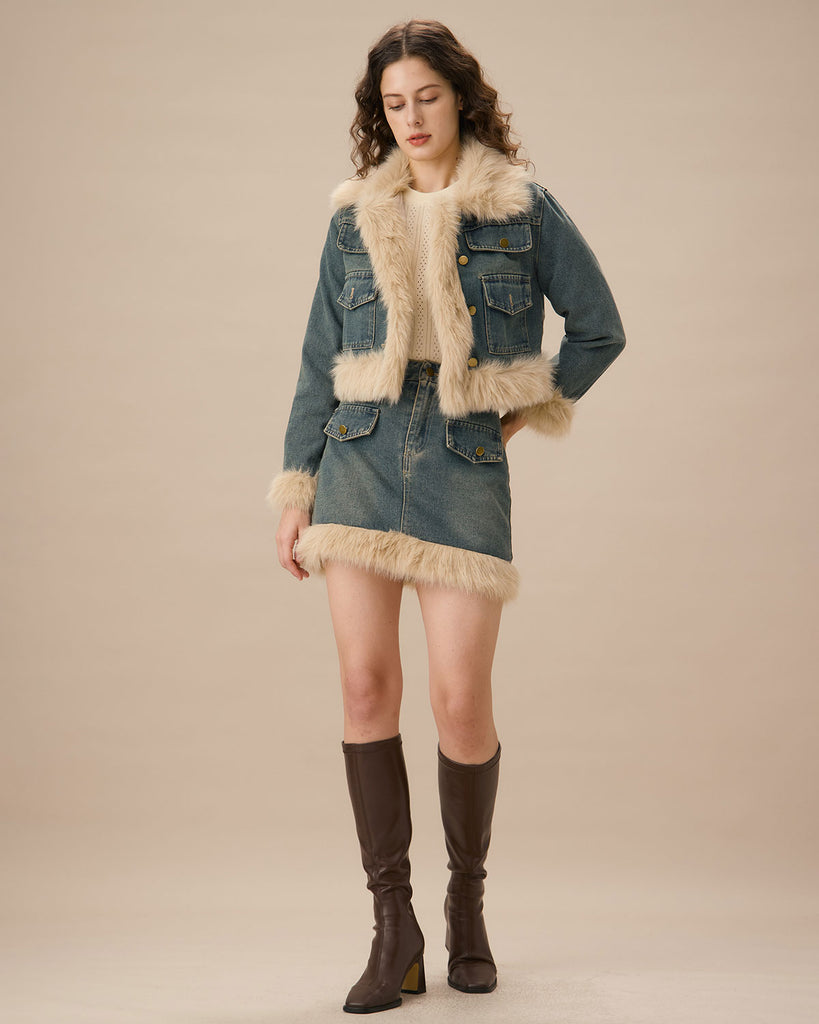 Blue Fur Trim A-Line Mini Skirt